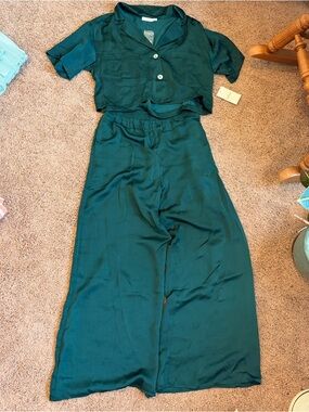 bohme Emerald Wide Leg Pants and Crop Top Set